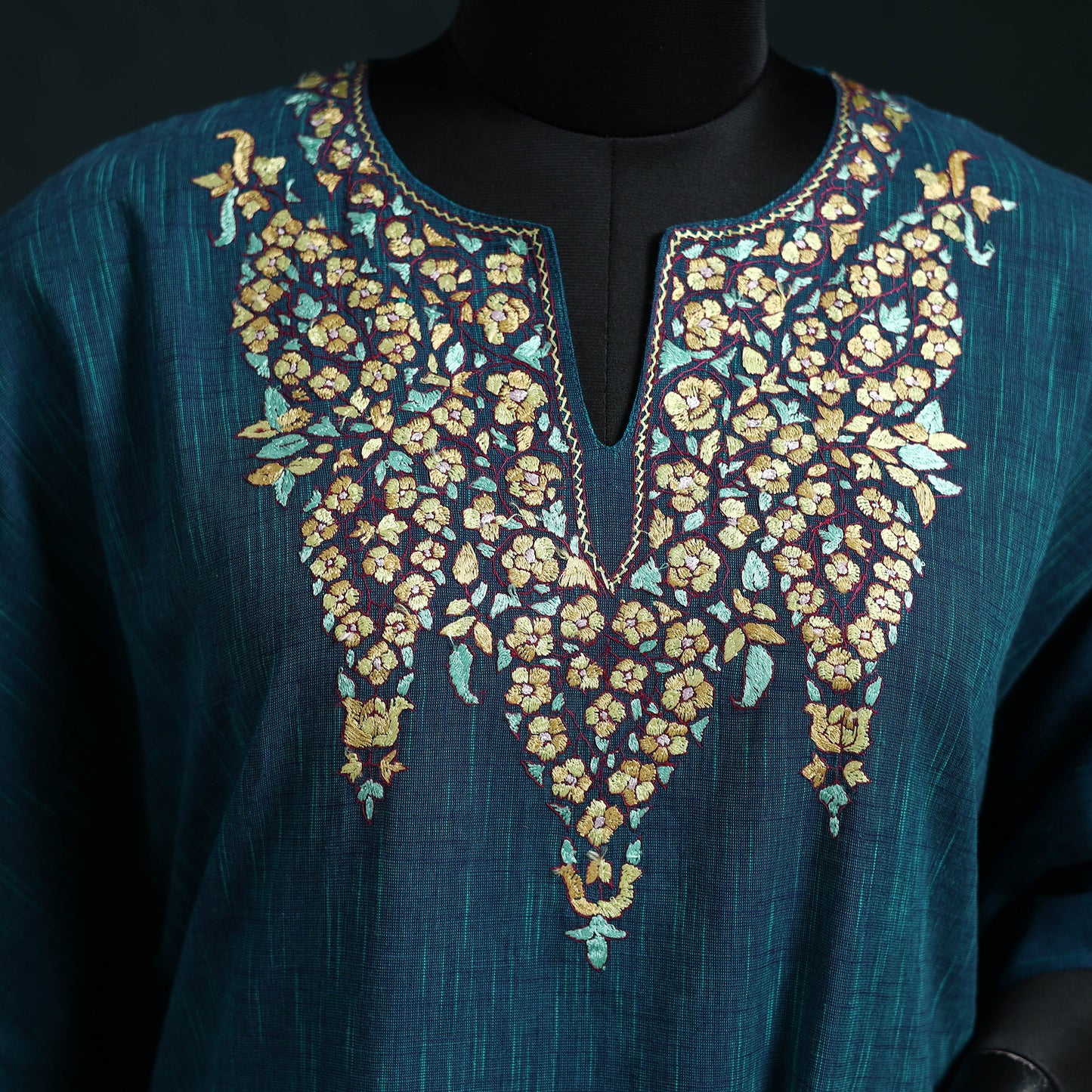 Blue - Kashmiri Kashida Hand Embroidered Cotton Kaftan (Medium) 56