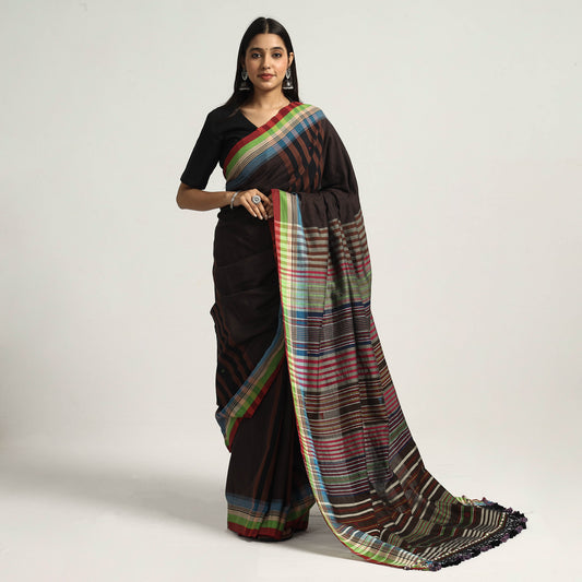 Brown - Kutch Bhujodi Weaving Handloom Cotton Saree with Tassels