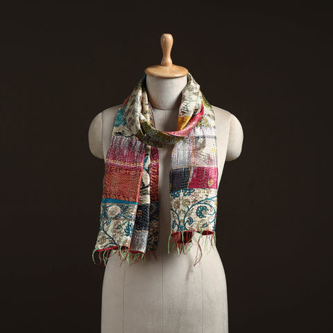 Patchwork Reversible Silk Bengal Hand Kantha Stitch Stole 84