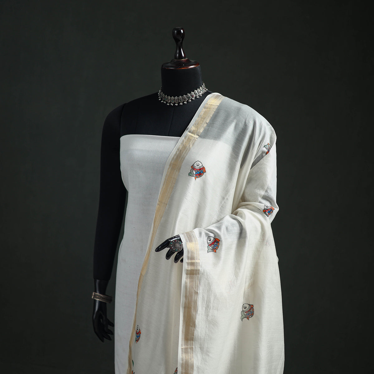 Handloom Chanderi Silk Handpainted Madhubani Dupatta with Zari Border 25