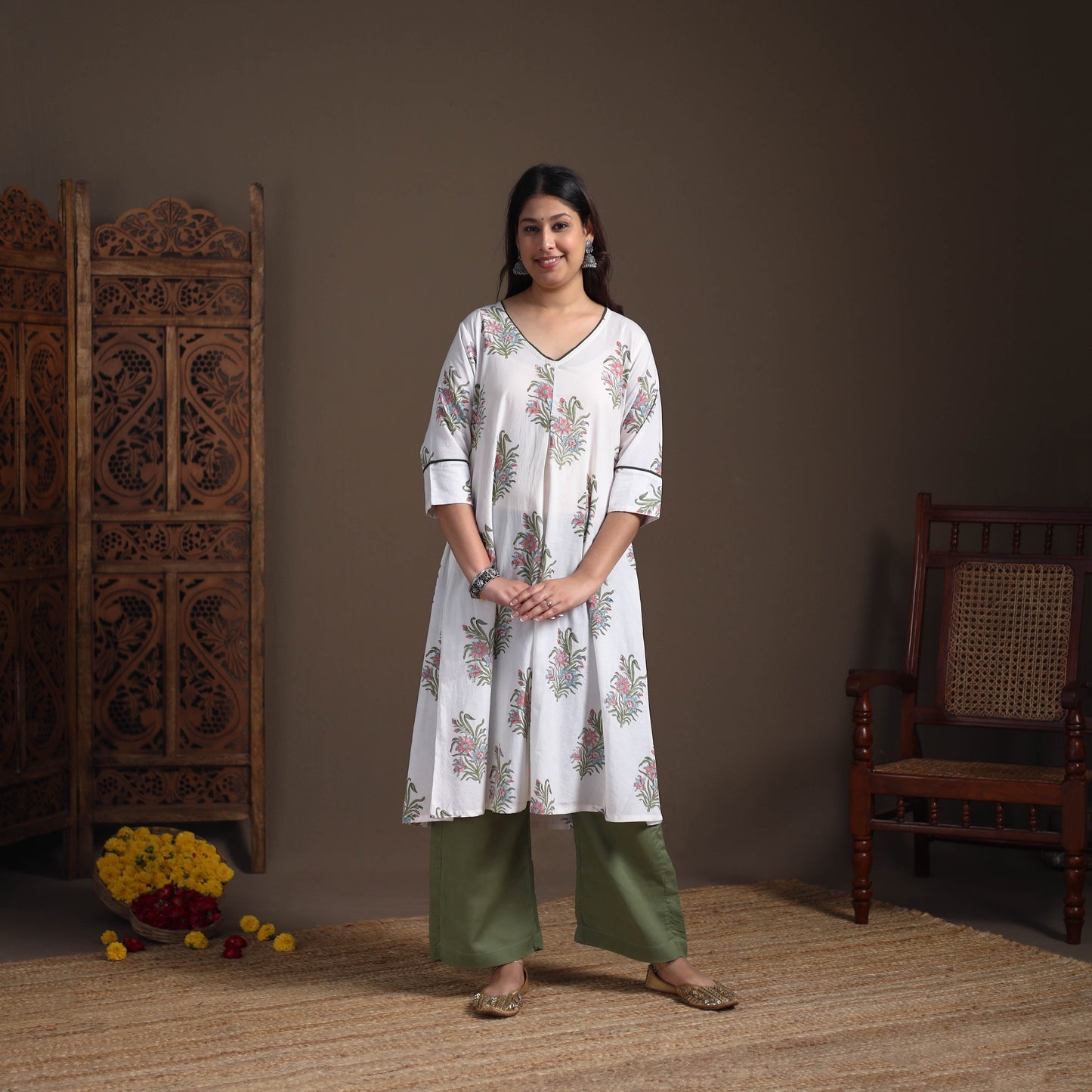 Gota Work Floral Sanganeri Block Print Cotton A-Line Long Kurta for Women 13