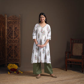 Gota Work Floral Sanganeri Block Print Cotton A-Line Long Kurta for Women 13