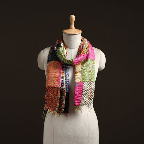 Patchwork Reversible Silk Bengal Hand Kantha Stitch Stole 86