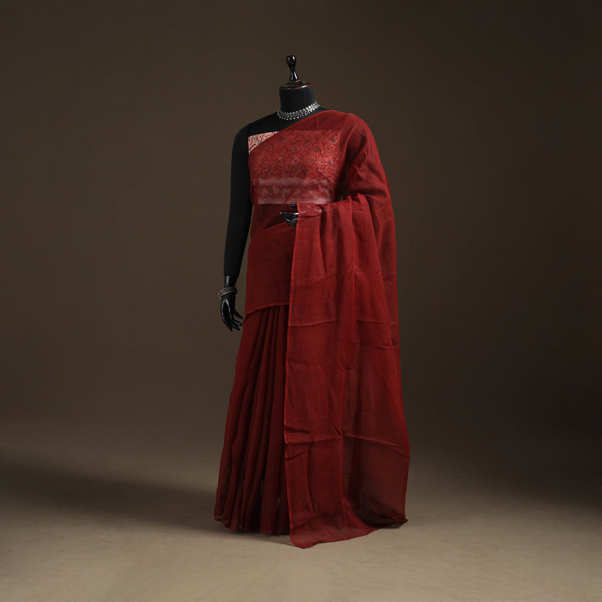 Maroon - Nazaakat Kota Doria Cotton Plain Saree with Blouse Piece & Earrings 05