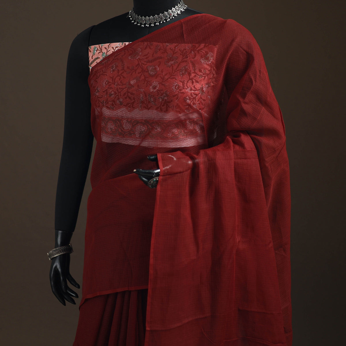Maroon - Nazaakat Kota Doria Cotton Plain Saree with Blouse Piece & Earrings 05