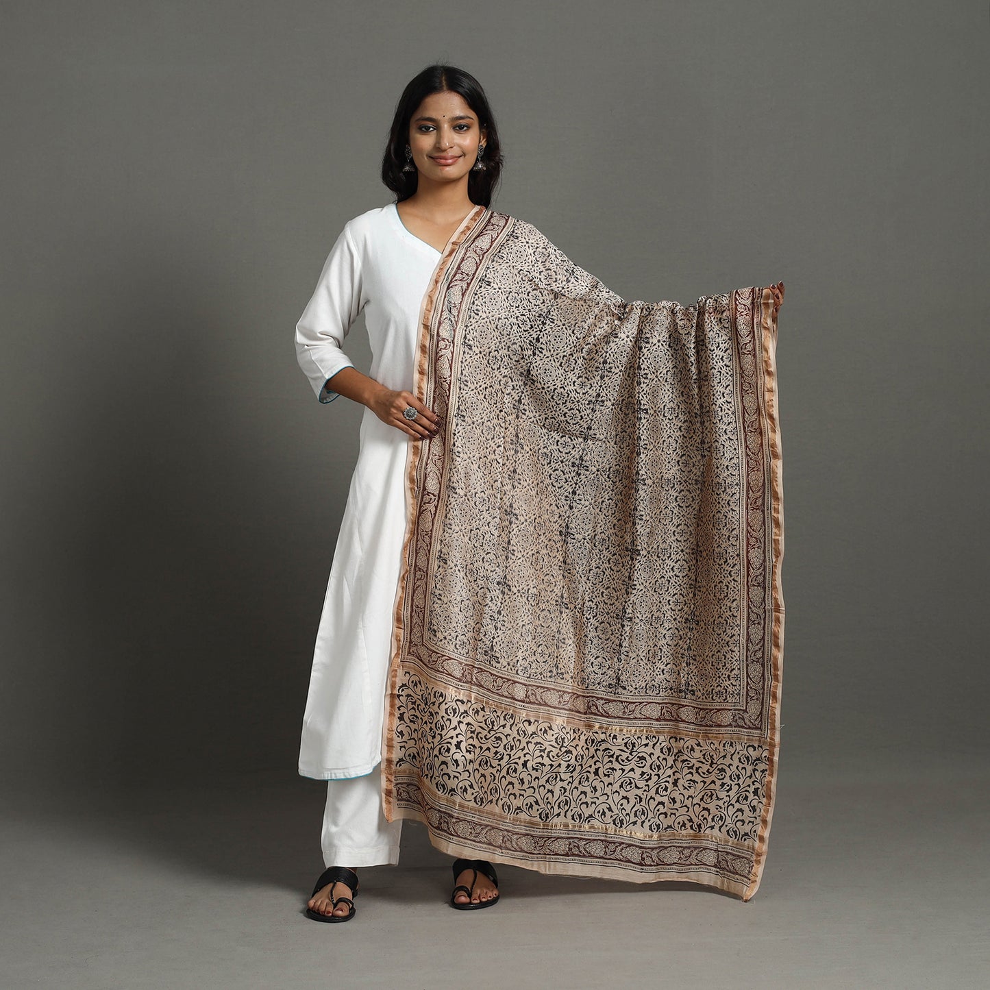 Brown - Chanderi Silk Handloom Kalamkari Print Dupatta 32