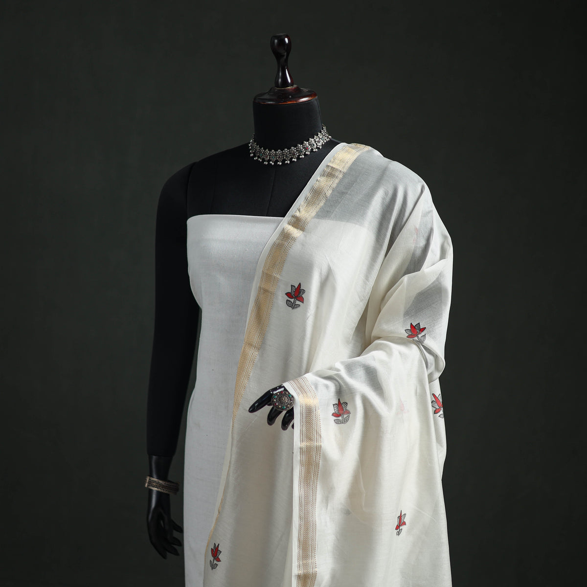 Handloom Chanderi Silk Handpainted Madhubani Dupatta with Zari Border 26