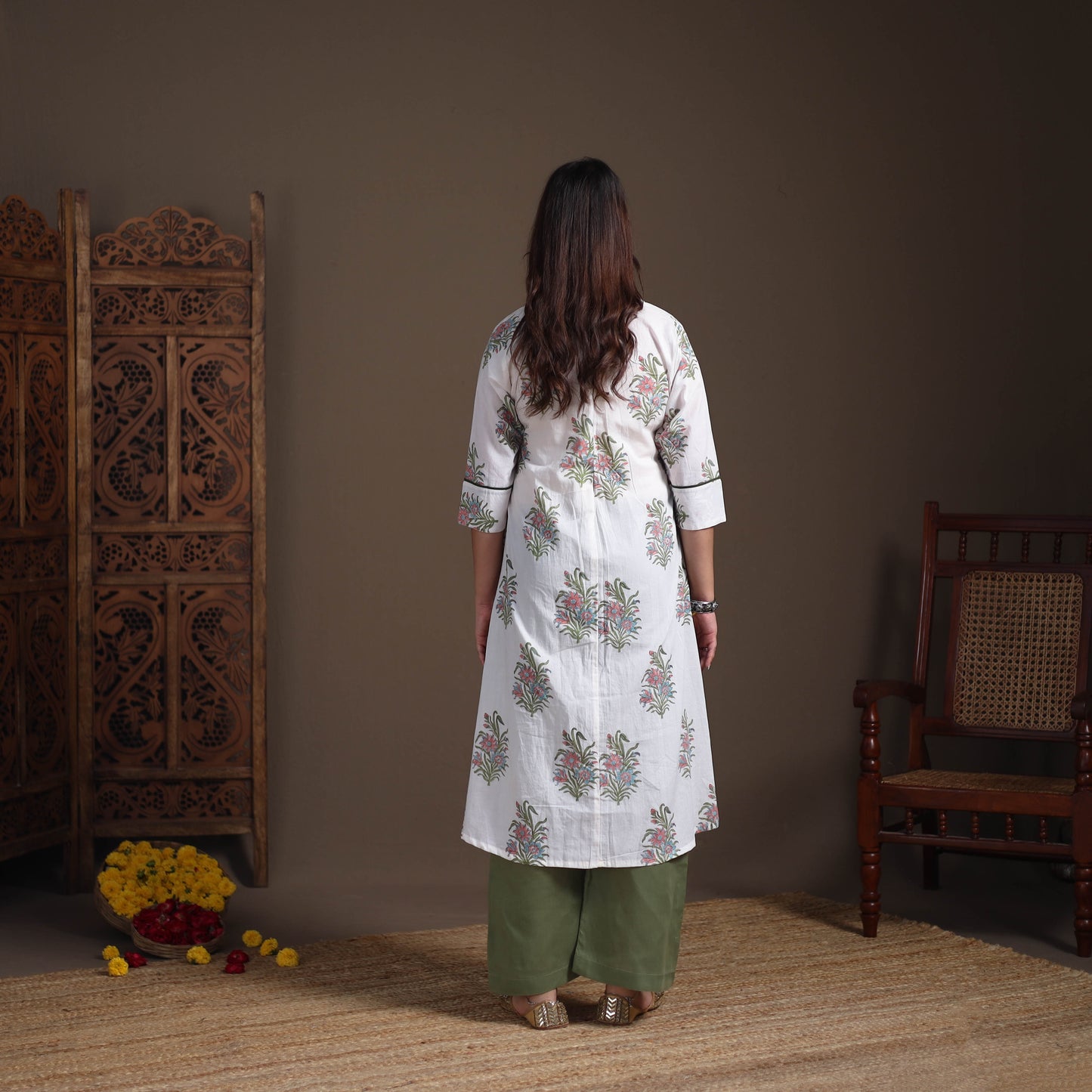 Gota Work Floral Sanganeri Block Print Cotton A-Line Long Kurta for Women 13