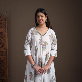 Gota Work Floral Sanganeri Block Print Cotton A-Line Long Kurta for Women 13
