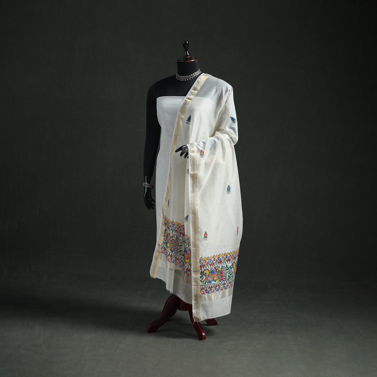 Handloom Chanderi Silk Handpainted Madhubani Dupatta with Zari Border 27