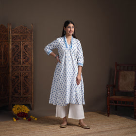 Gota Work Floral Sanganeri Block Print Cotton A-Line Long Kurta for Women 12