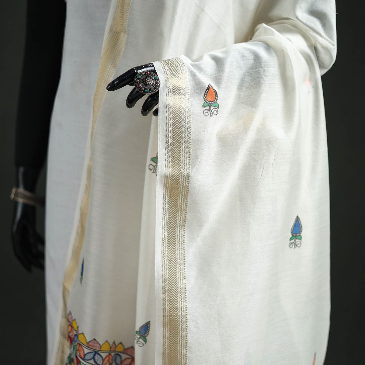 Handloom Chanderi Silk Handpainted Madhubani Dupatta with Zari Border 27