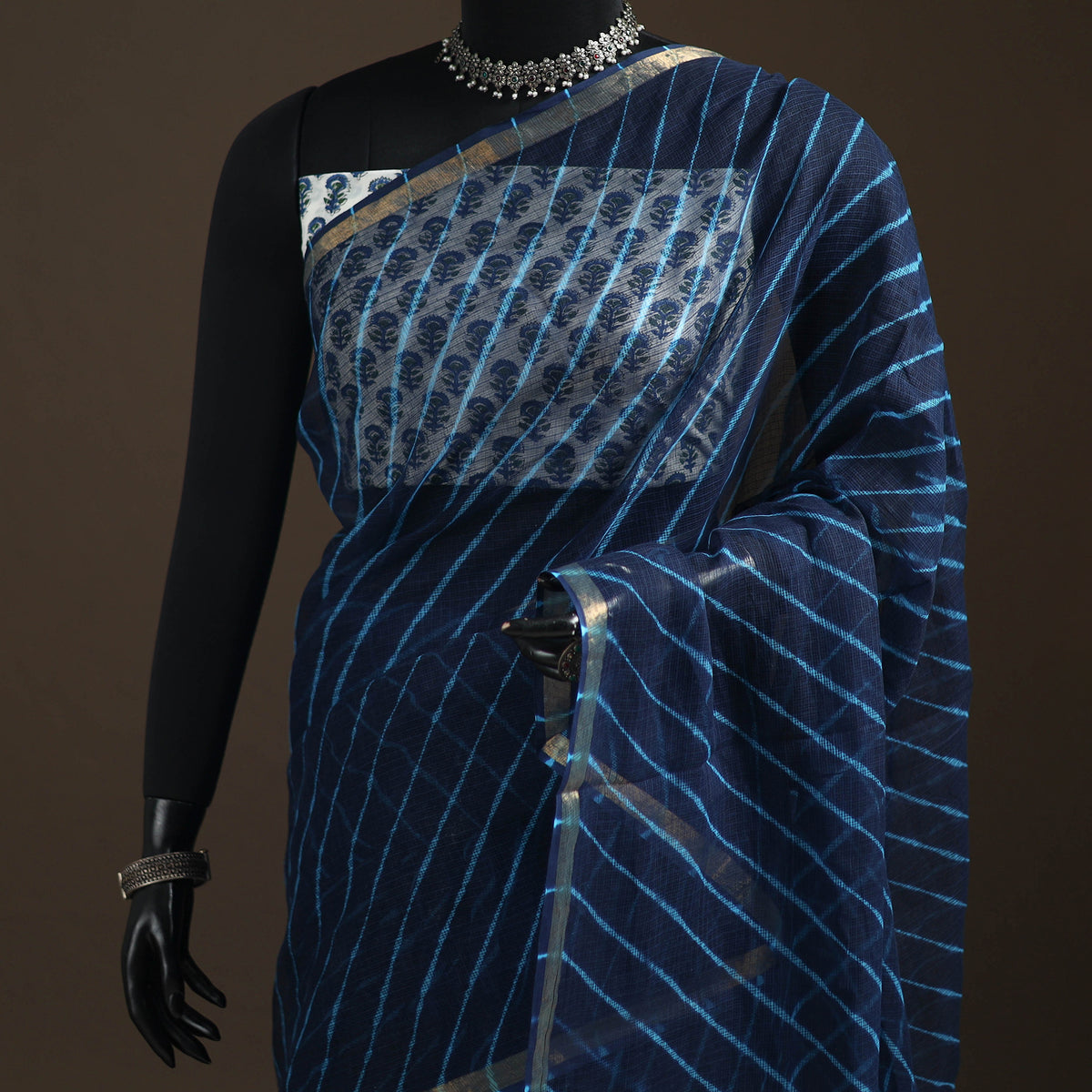 Blue - Nazaakat Kota Doria Cotton Plain Saree with Blouse Piece & Earrings 06