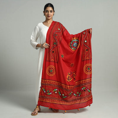 Red - Kutch Hand Embroidery Mirror Work Printed Cotton Dupatta 22