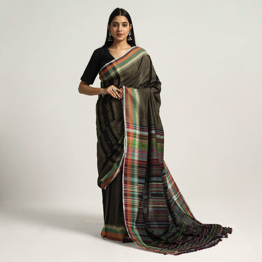 Green - Kutch Bhujodi Weaving Handloom Cotton Saree with Tassels