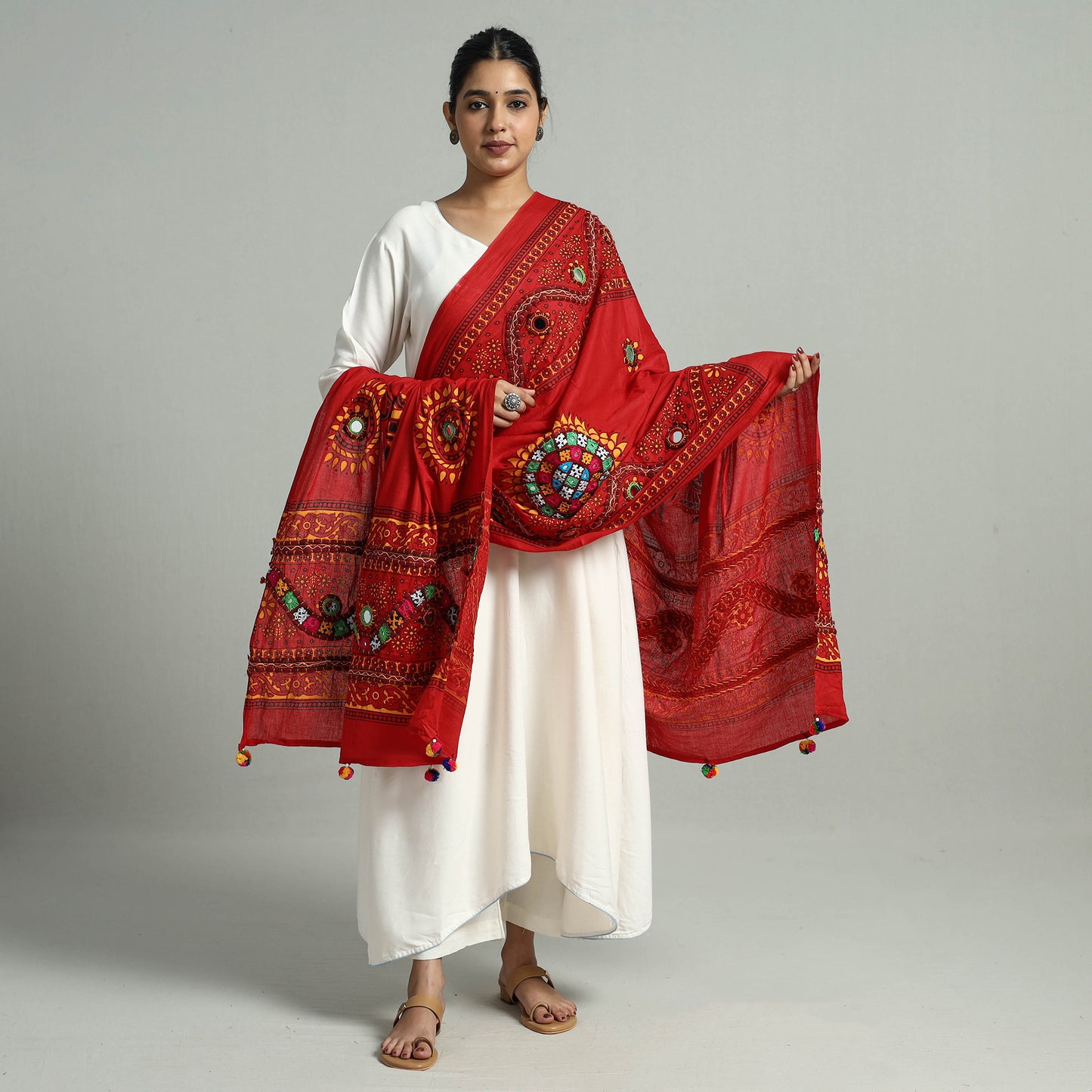 Red - Kutch Hand Embroidery Mirror Work Printed Cotton Dupatta 22