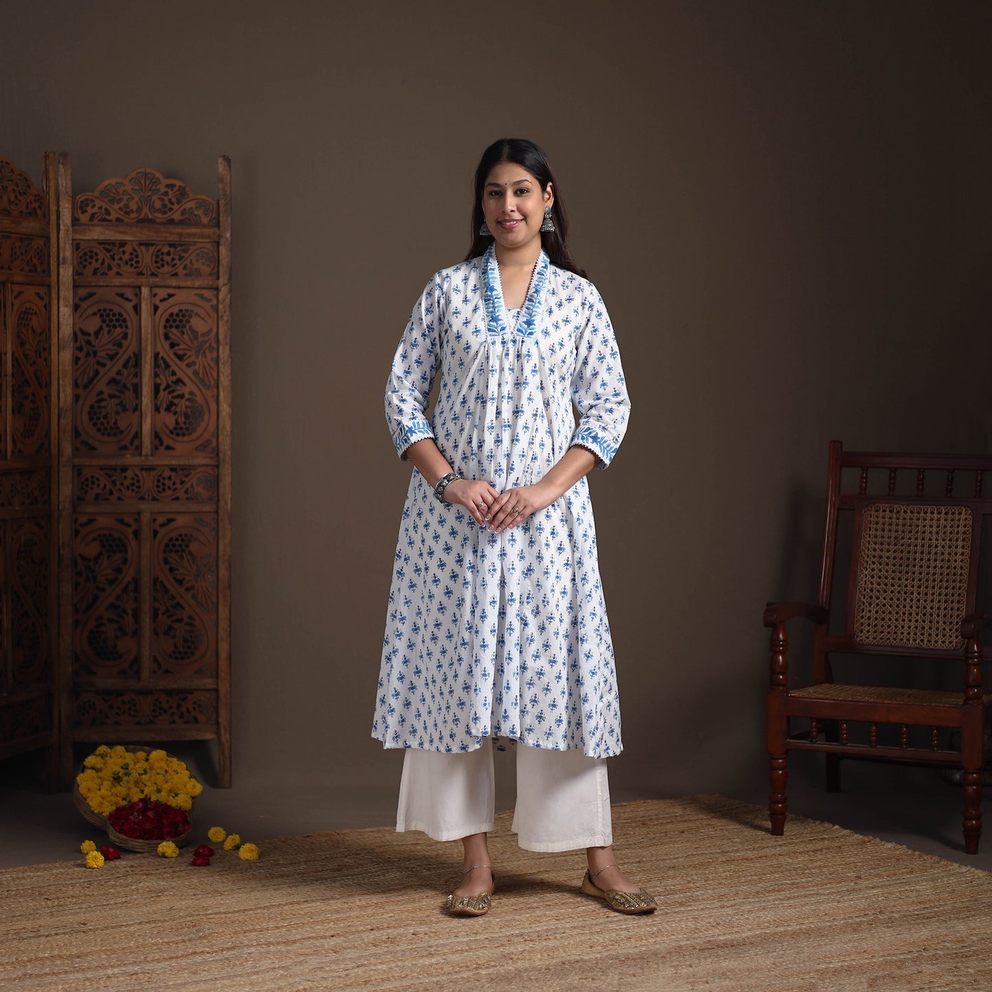 Gota Work Floral Sanganeri Block Print Cotton A-Line Long Kurta for Women 12