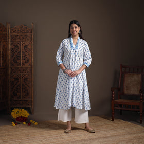 Gota Work Floral Sanganeri Block Print Cotton A-Line Long Kurta for Women 12