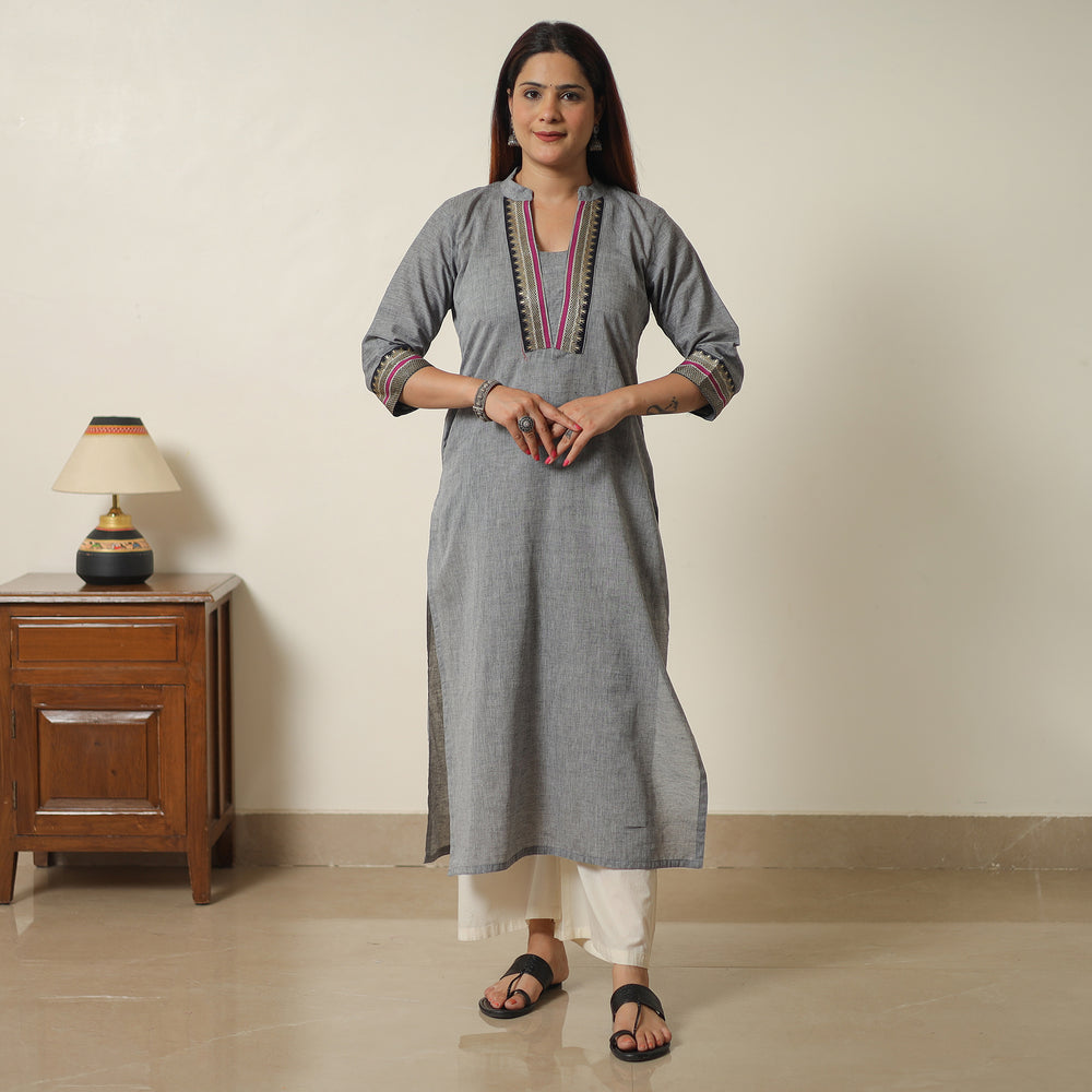 Grey - Dharwad Cotton Straight Kurta with Pintuck Ikat Patchwork 13