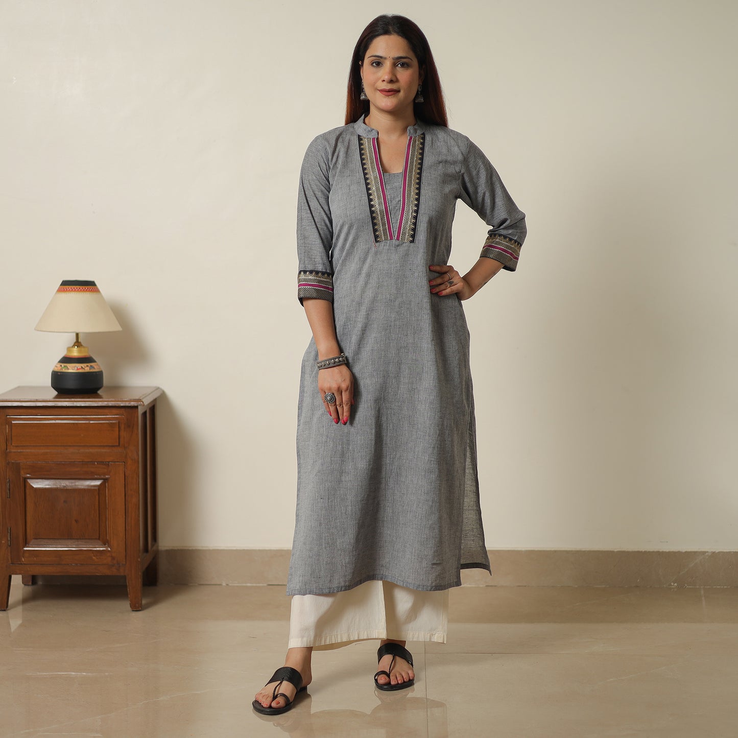 Grey - Dharwad Cotton Straight Kurta with Pintuck Ikat Patchwork 13