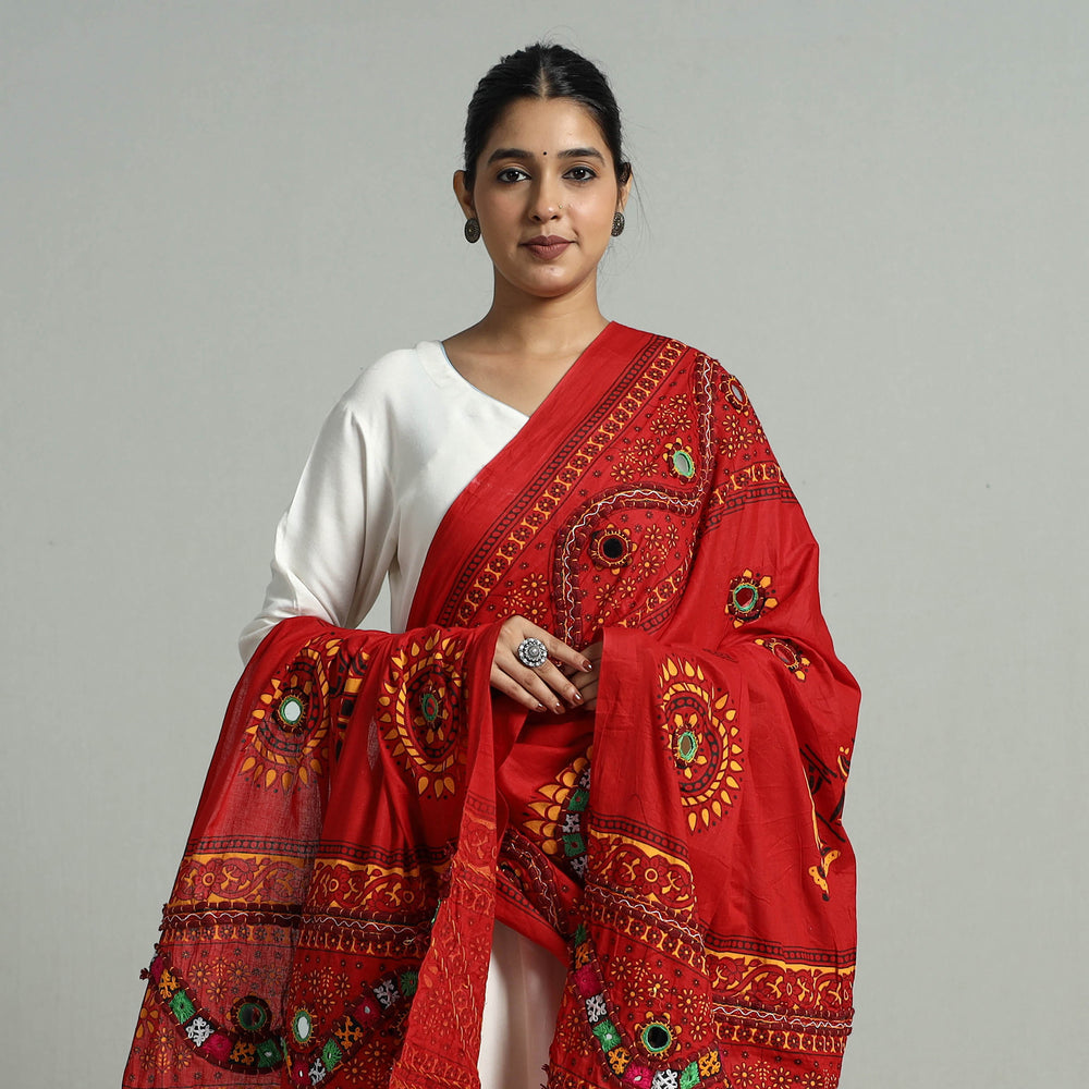 Red - Kutch Hand Embroidery Mirror Work Printed Cotton Dupatta 22