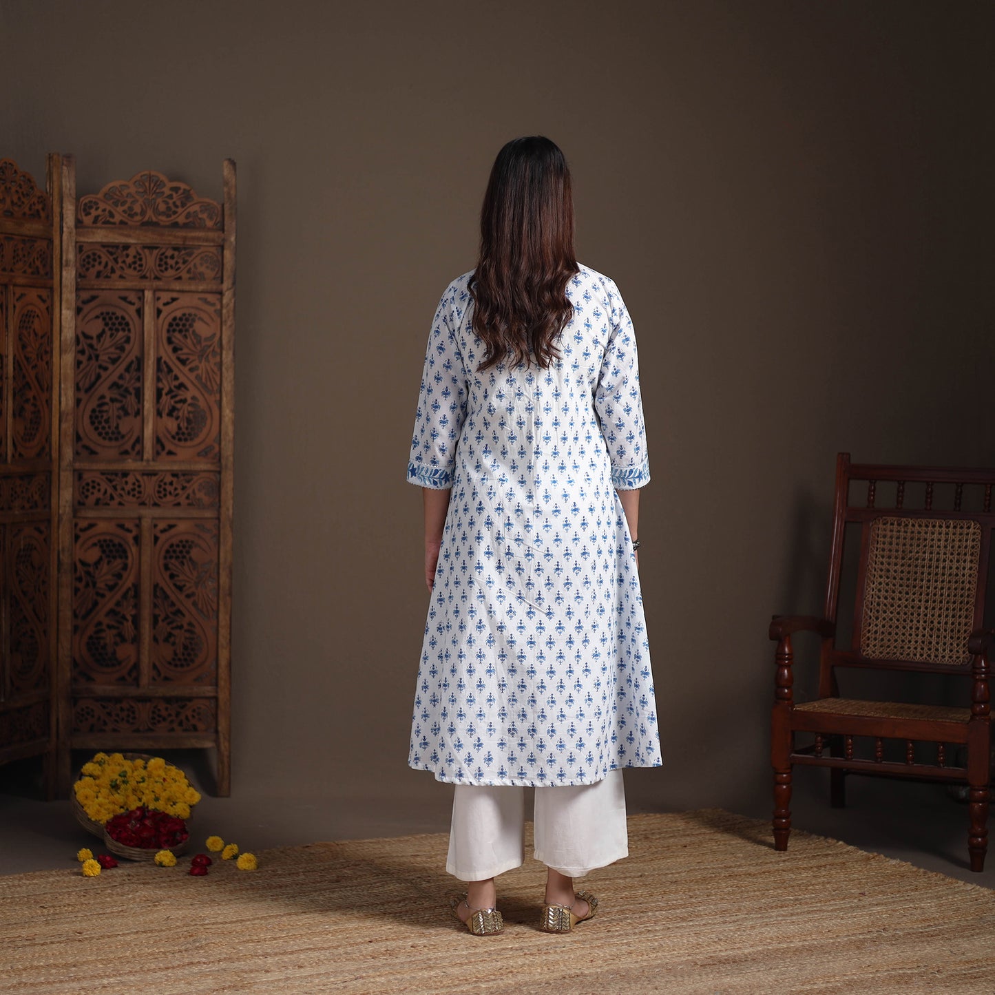 Gota Work Floral Sanganeri Block Print Cotton A-Line Long Kurta for Women 12