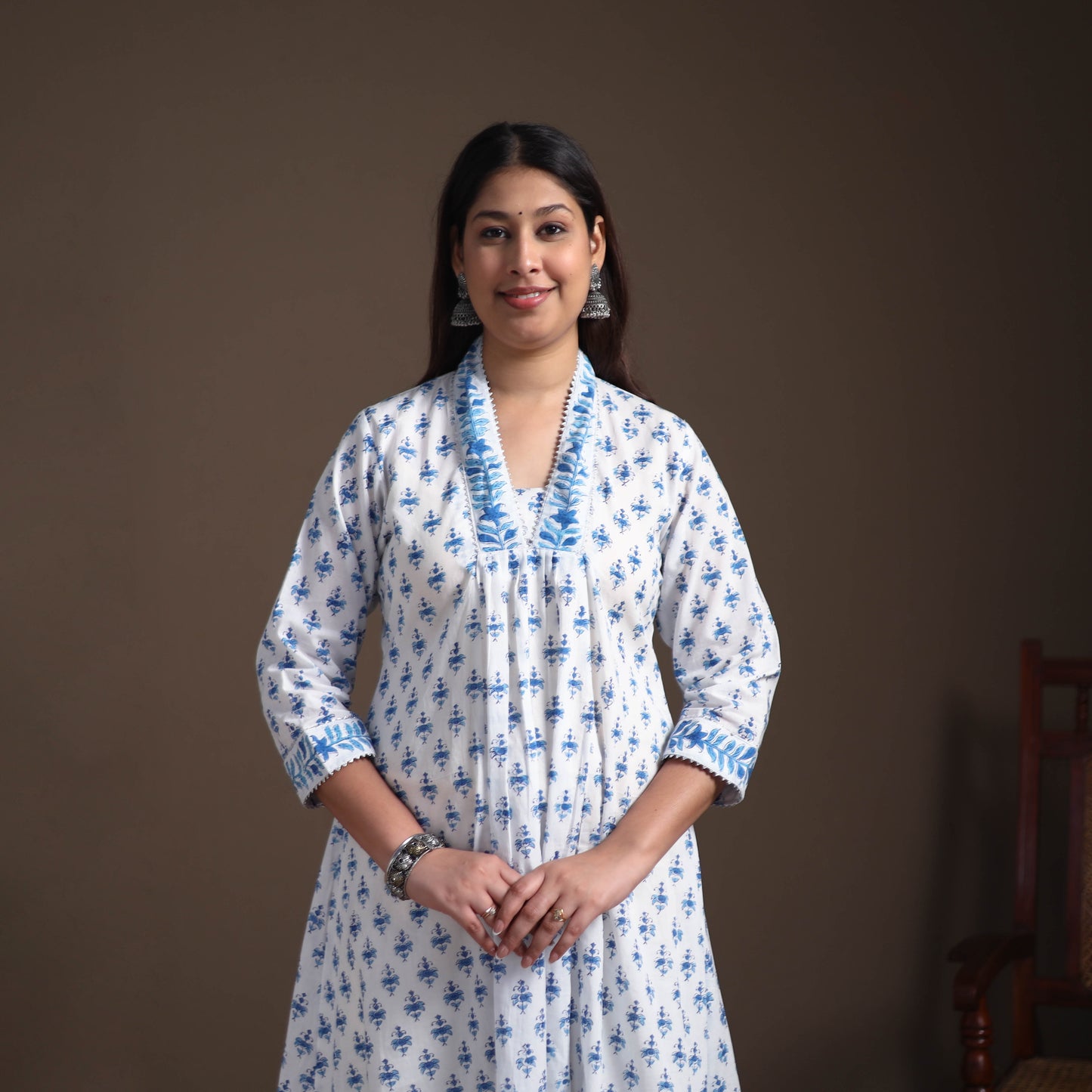 Gota Work Floral Sanganeri Block Print Cotton A-Line Long Kurta for Women 12