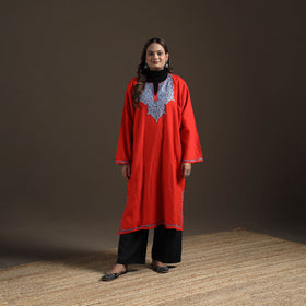 Red - Kashmiri Aari Hand Embroidered Handwoven Merino Wool Pheran 10