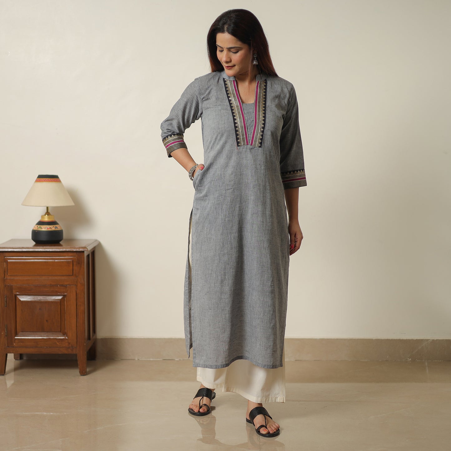 Grey - Dharwad Cotton Straight Kurta with Pintuck Ikat Patchwork 13