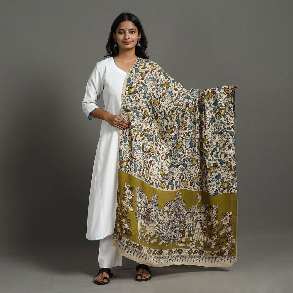 Beige- Printed Silk Cotton Kalamkari Dupatta 35