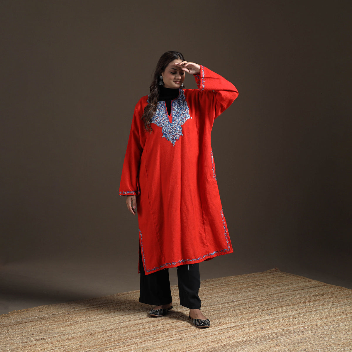 Red - Kashmiri Aari Hand Embroidered Handwoven Merino Wool Pheran 10