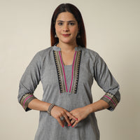 Grey - Dharwad Cotton Straight Kurta with Pintuck Ikat Patchwork 13