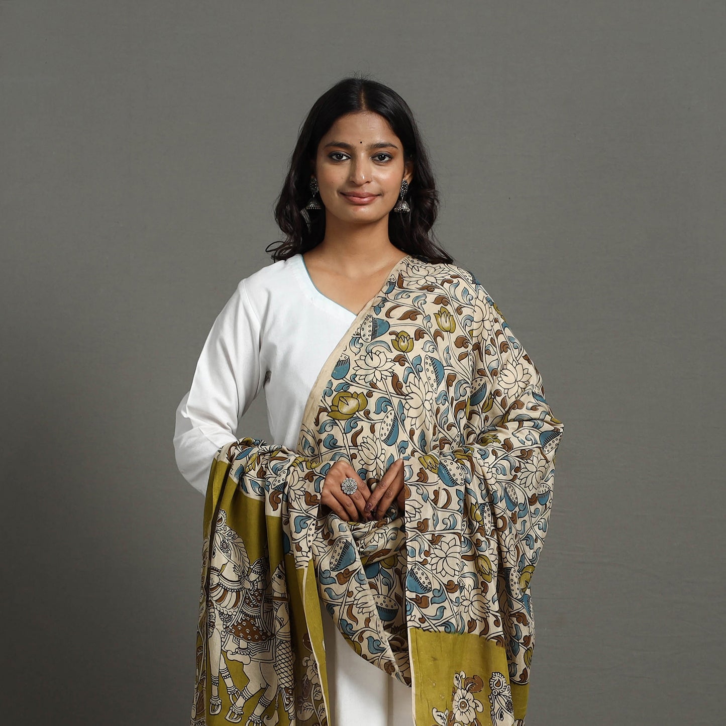 Beige- Printed Silk Cotton Kalamkari Dupatta 35