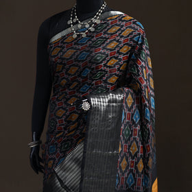 Black - Traditional Pochampally Ikat Handwoven Pure Silk Pattu Saree with Rudraksha Border 18