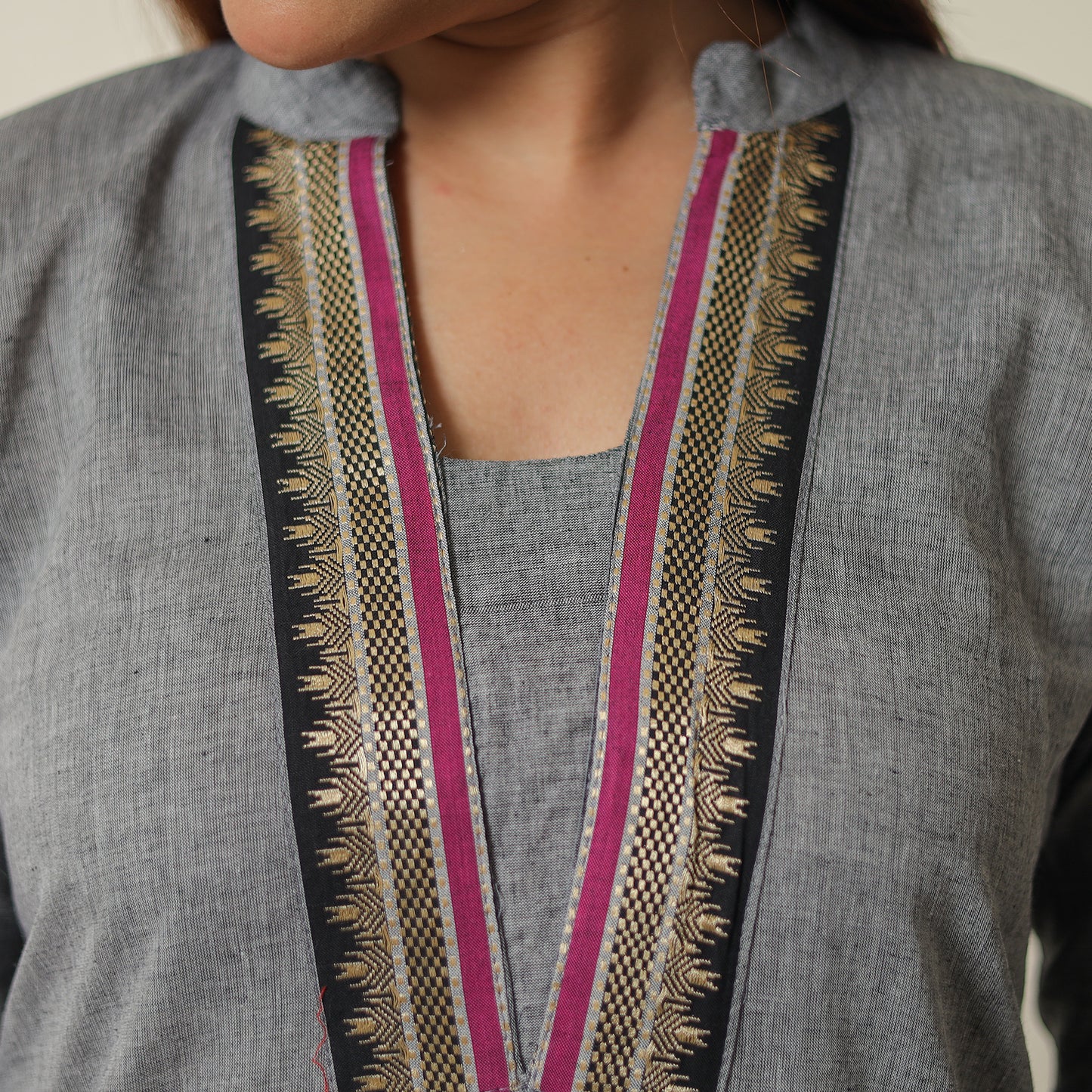 Grey - Dharwad Cotton Straight Kurta with Pintuck Ikat Patchwork 13