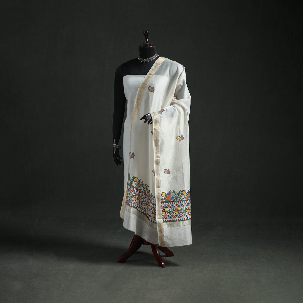 Handloom Chanderi Silk Handpainted Madhubani Dupatta with Zari Border 29