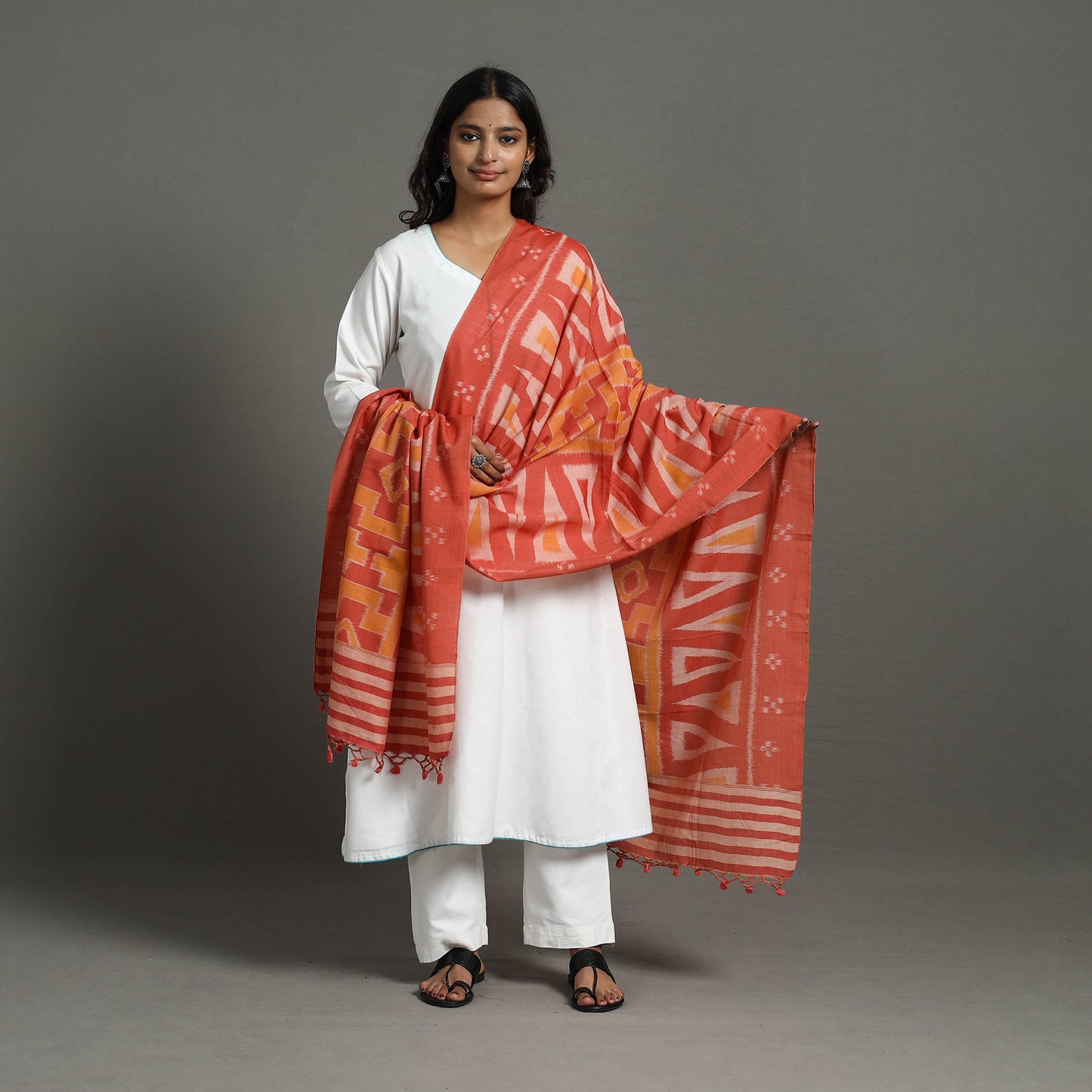 Red - Handloom Cotton Maniabandha Ikat Dupatta 36