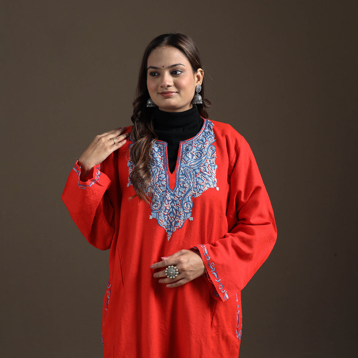 Red - Kashmiri Aari Hand Embroidered Handwoven Merino Wool Pheran 10