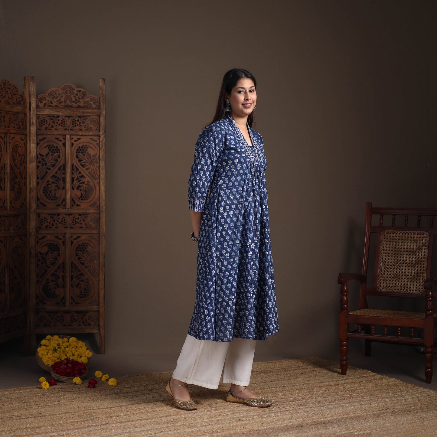 Floral Sanganeri Block Print Cotton A-Line Long Kurta for Women 11