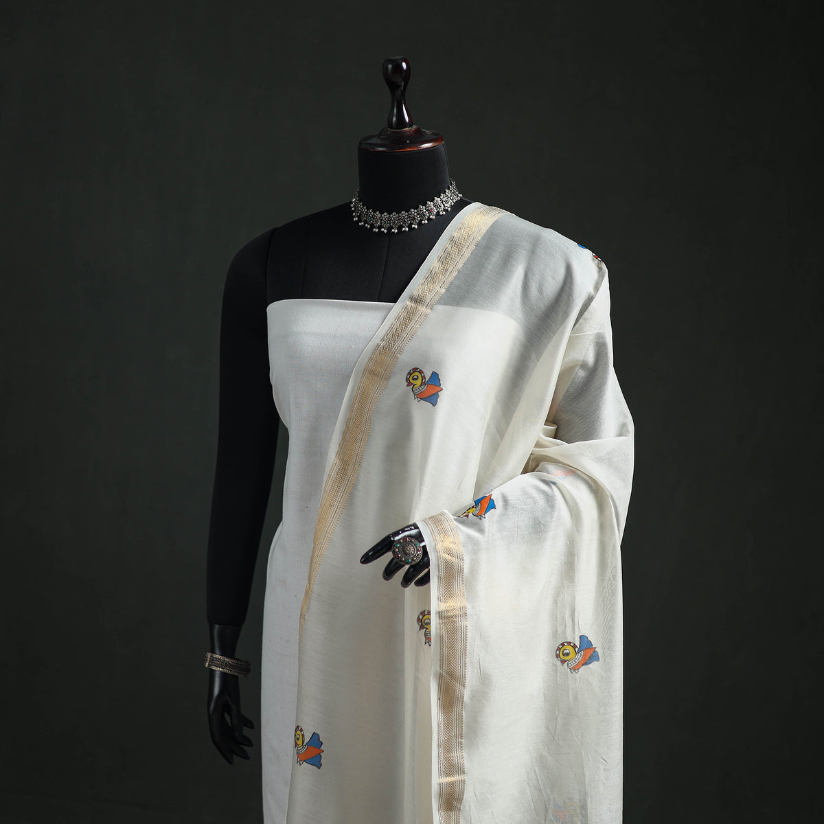 Handloom Chanderi Silk Handpainted Madhubani Dupatta with Zari Border 29
