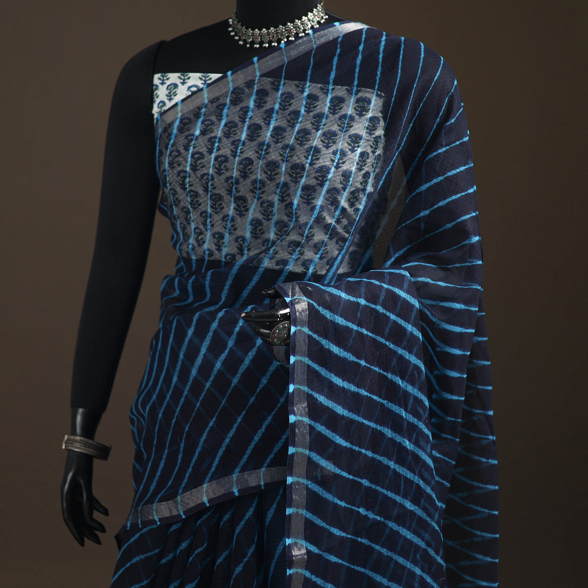 Blue - Nazaakat Kota Doria Cotton Plain Saree with Blouse Piece & Earrings 09