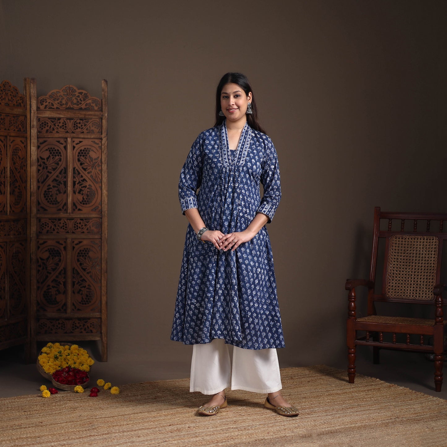 Floral Sanganeri Block Print Cotton A-Line Long Kurta for Women 11
