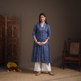 Floral Sanganeri Block Print Cotton A-Line Long Kurta for Women 11