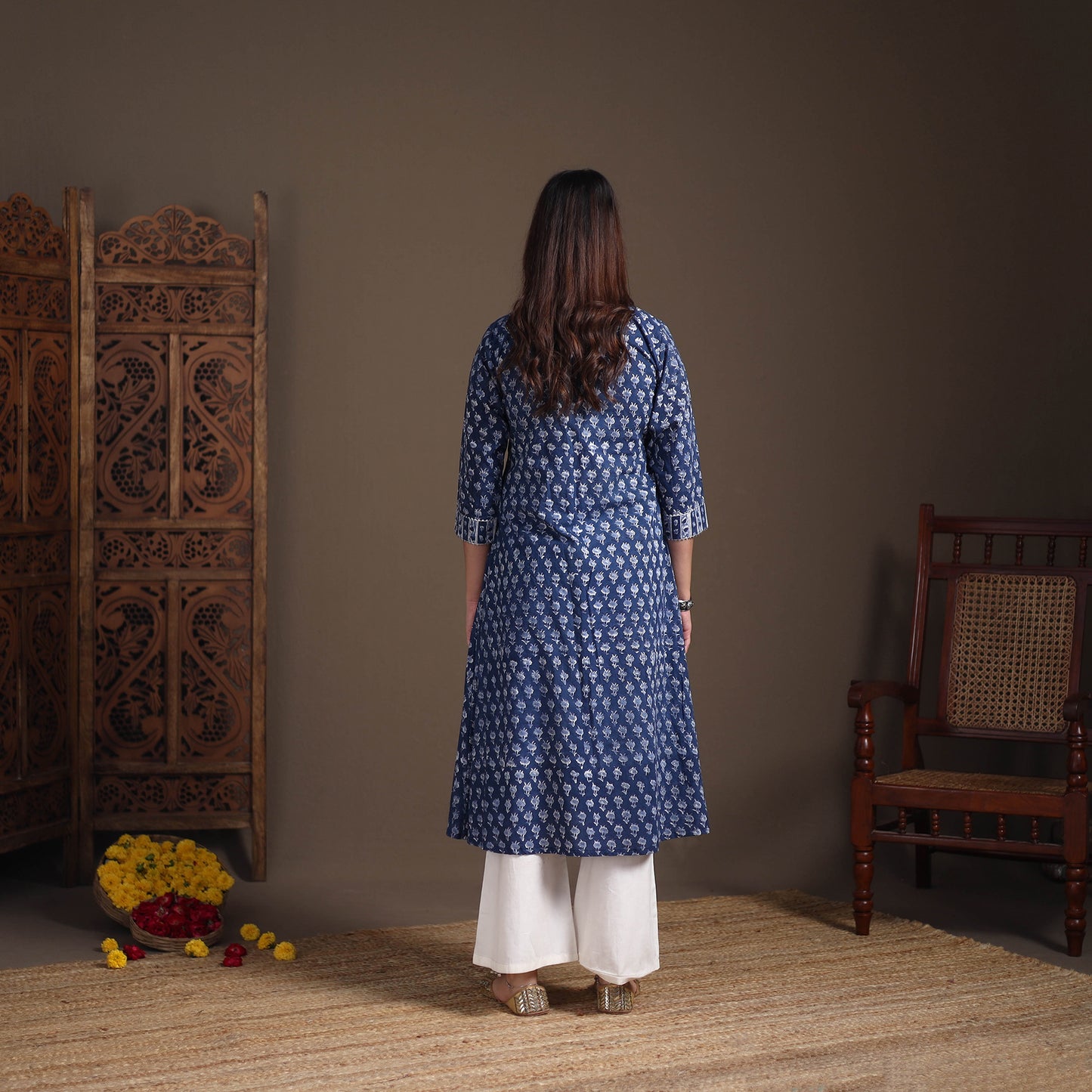 Floral Sanganeri Block Print Cotton A-Line Long Kurta for Women 11