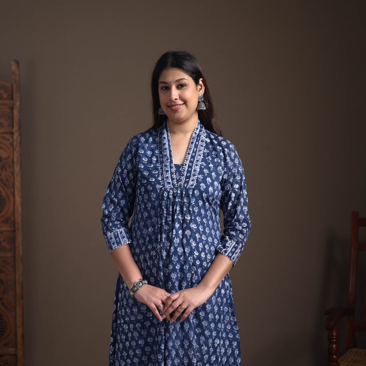 Floral Sanganeri Block Print Cotton A-Line Long Kurta for Women 11