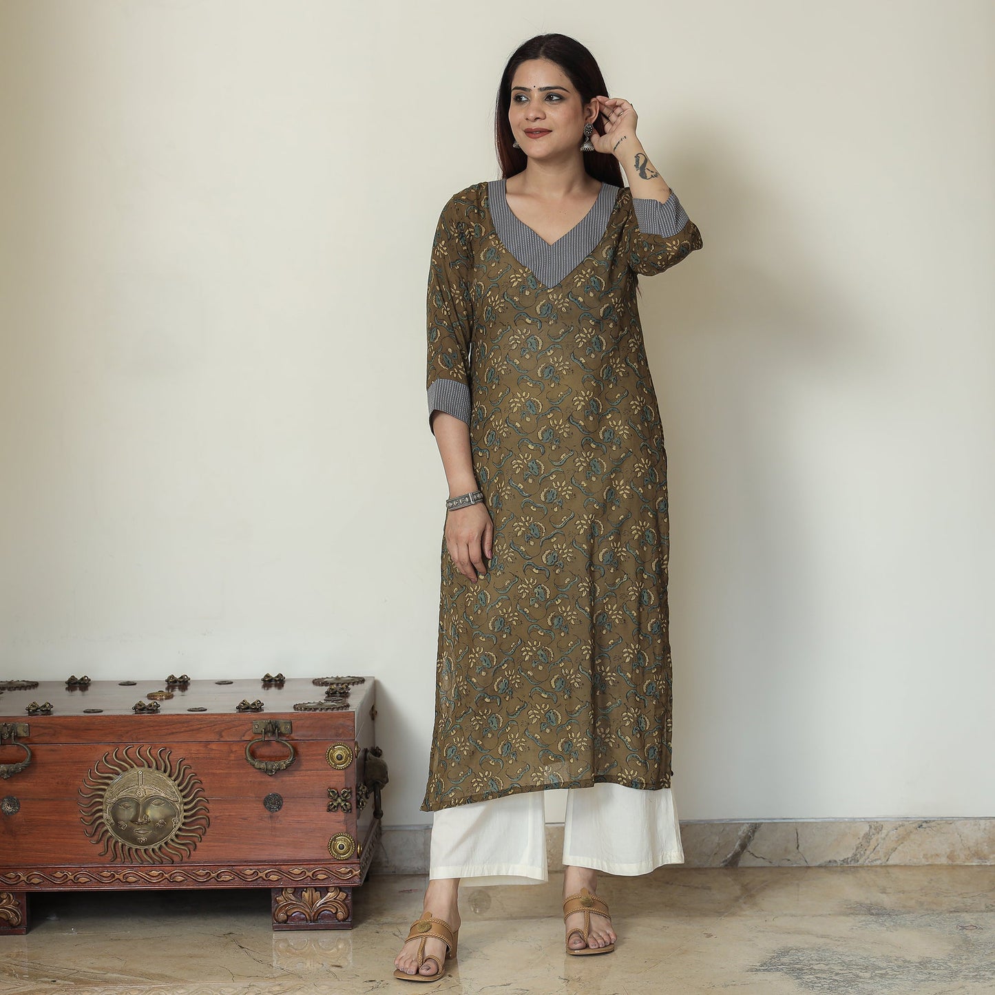 Brown - Mehndi Green - Ajrakh Block Printed Mul Cotton Straight Kurta 11