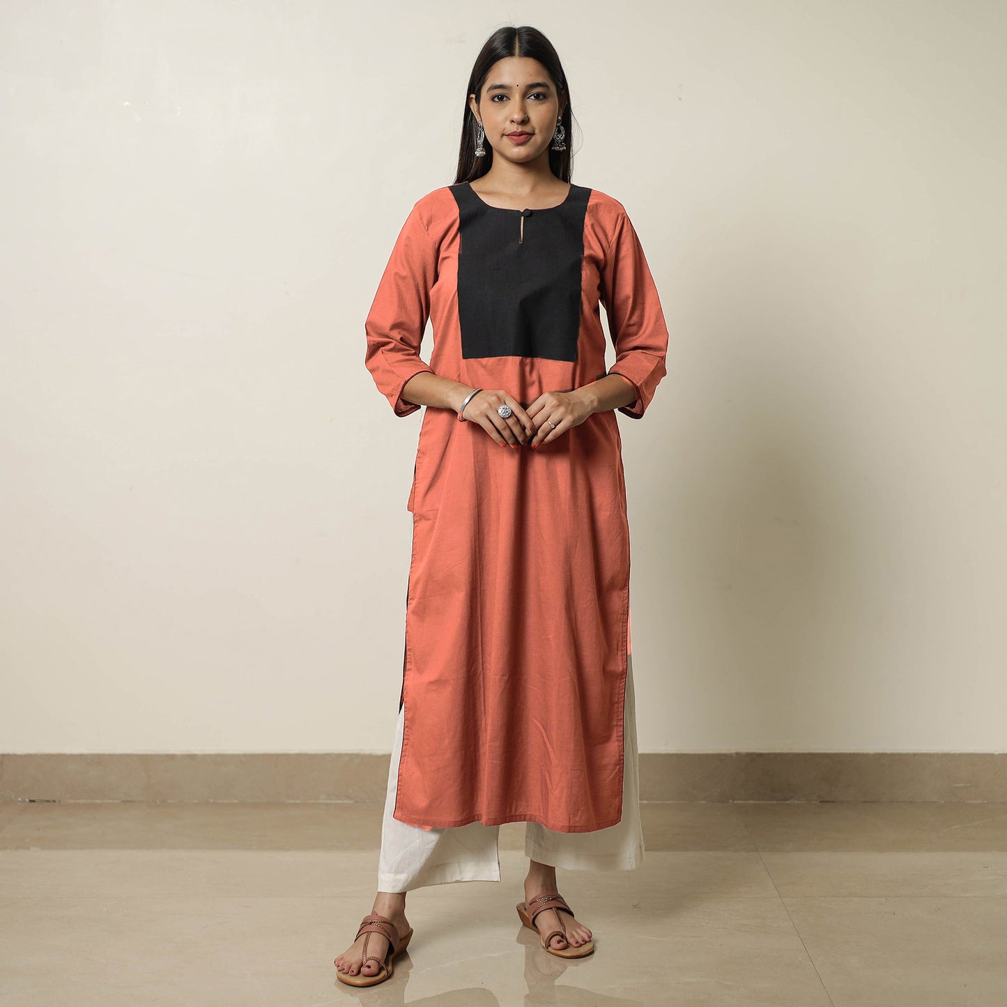 Orange - Plain Cotton Long Straight Kurta 16