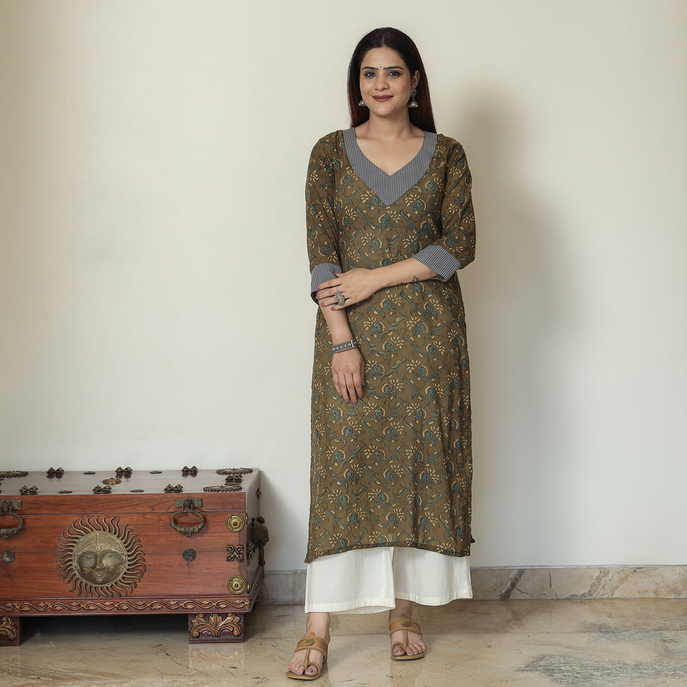 Brown - Mehndi Green - Ajrakh Block Printed Mul Cotton Straight Kurta 11