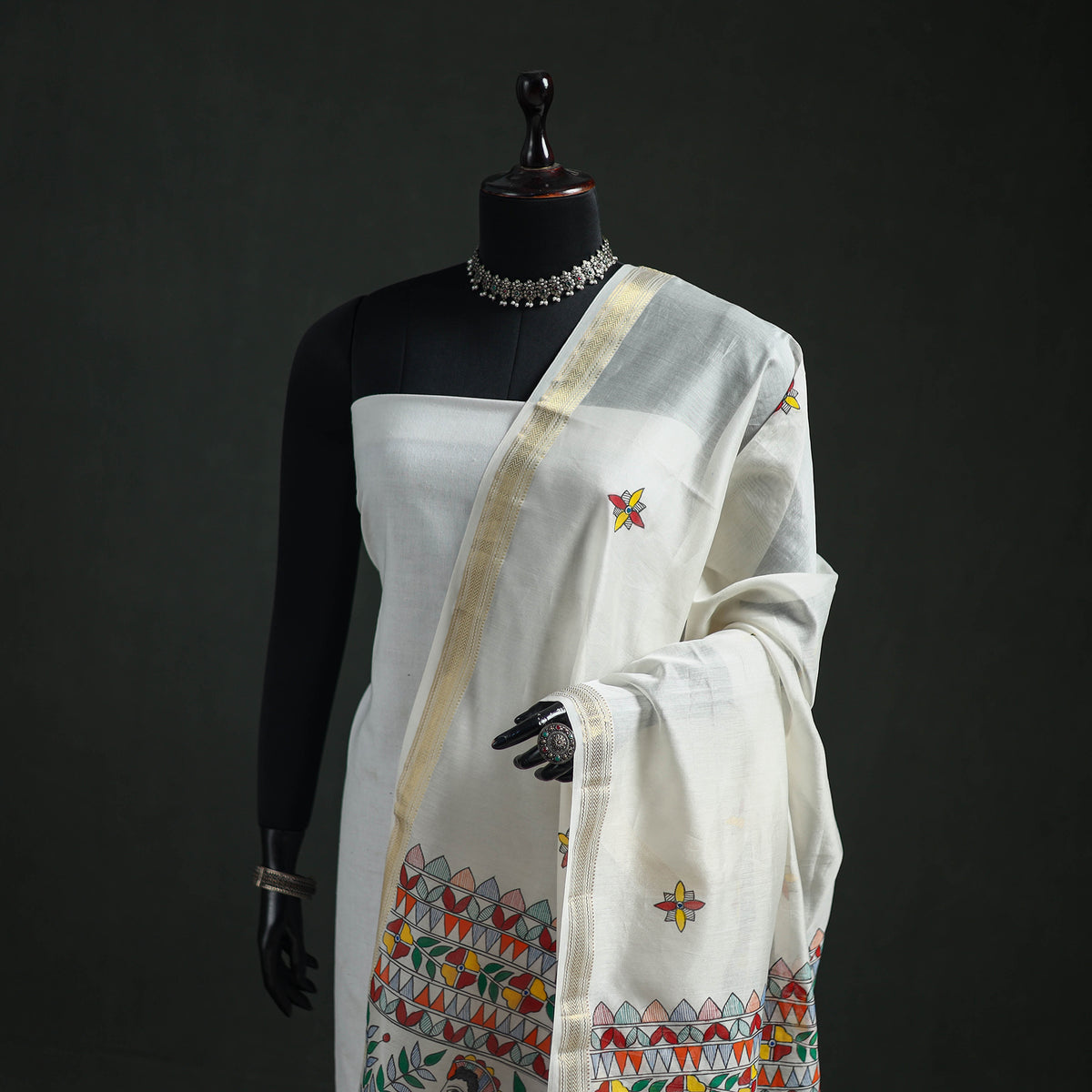 Handloom Chanderi Silk Handpainted Madhubani Dupatta with Zari Border 30