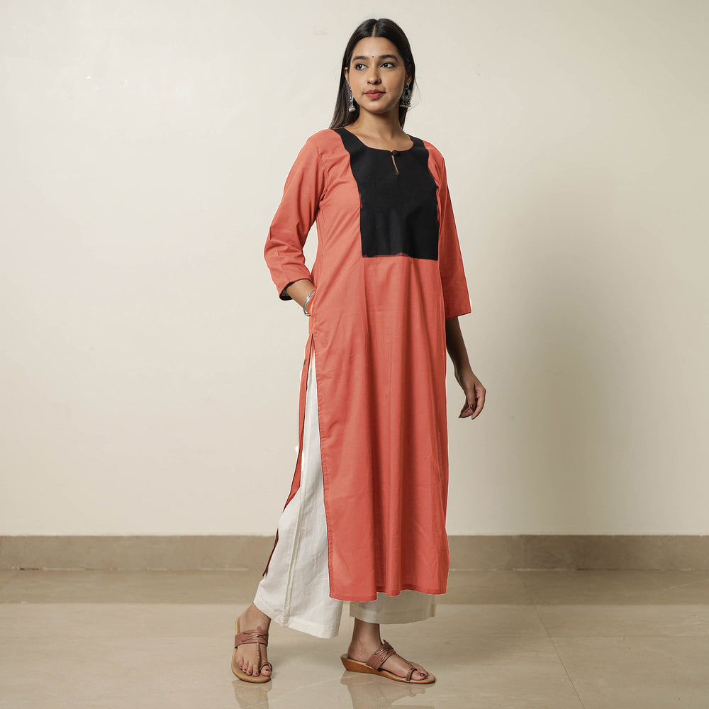 Orange - Plain Cotton Long Straight Kurta 16